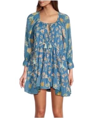 Free People Camella Minidress. NWT. XS yet Oversized. Blue/Yellow. Festival Boho